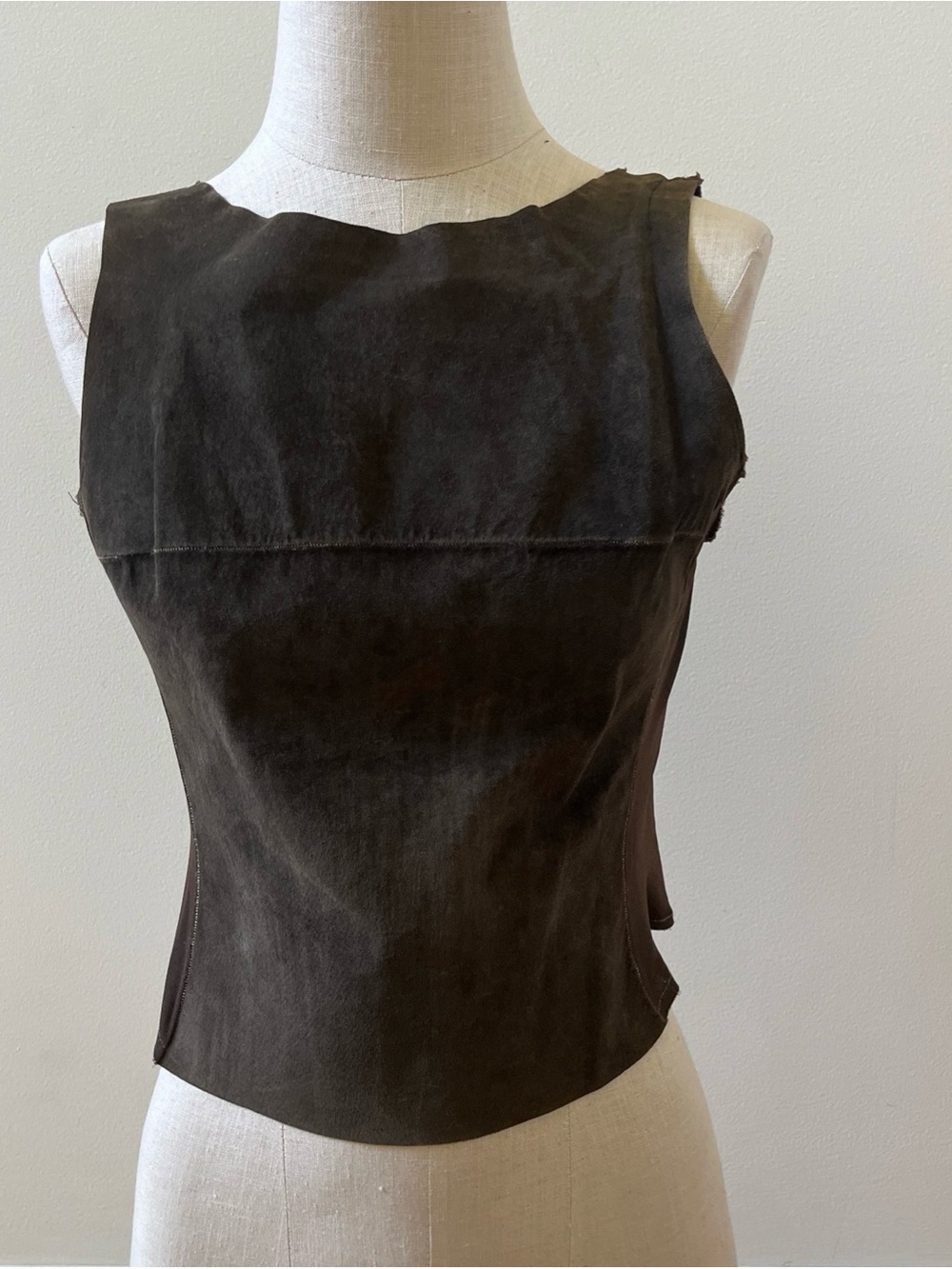 Vintage Y2K Rozae Nichols Brown Suede Leather Crop Top Sleeveless Tank Small